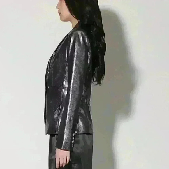 NWT WALTER BAKER Marley Double Breasted Metallic Leather Blazer SZ M in gunmetal - Picture 4 of 4